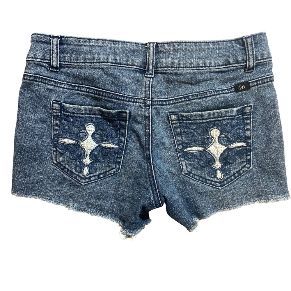 Y2K LEI Lowrise Denim Cut Off Shorts‎ Medium Wash Embroidered Pockets LJ21055